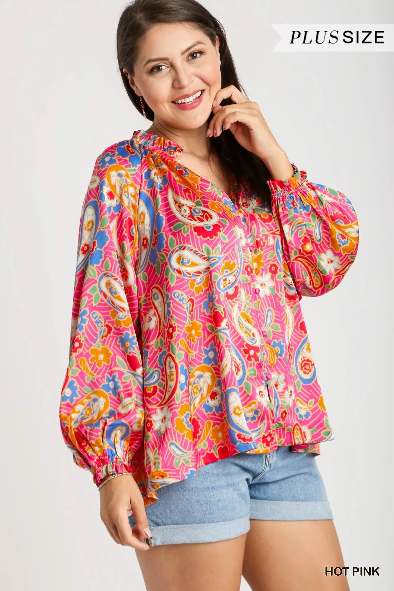 Satin Paisley Shirt – Vibrant Boho Ruffle Neck Blouse