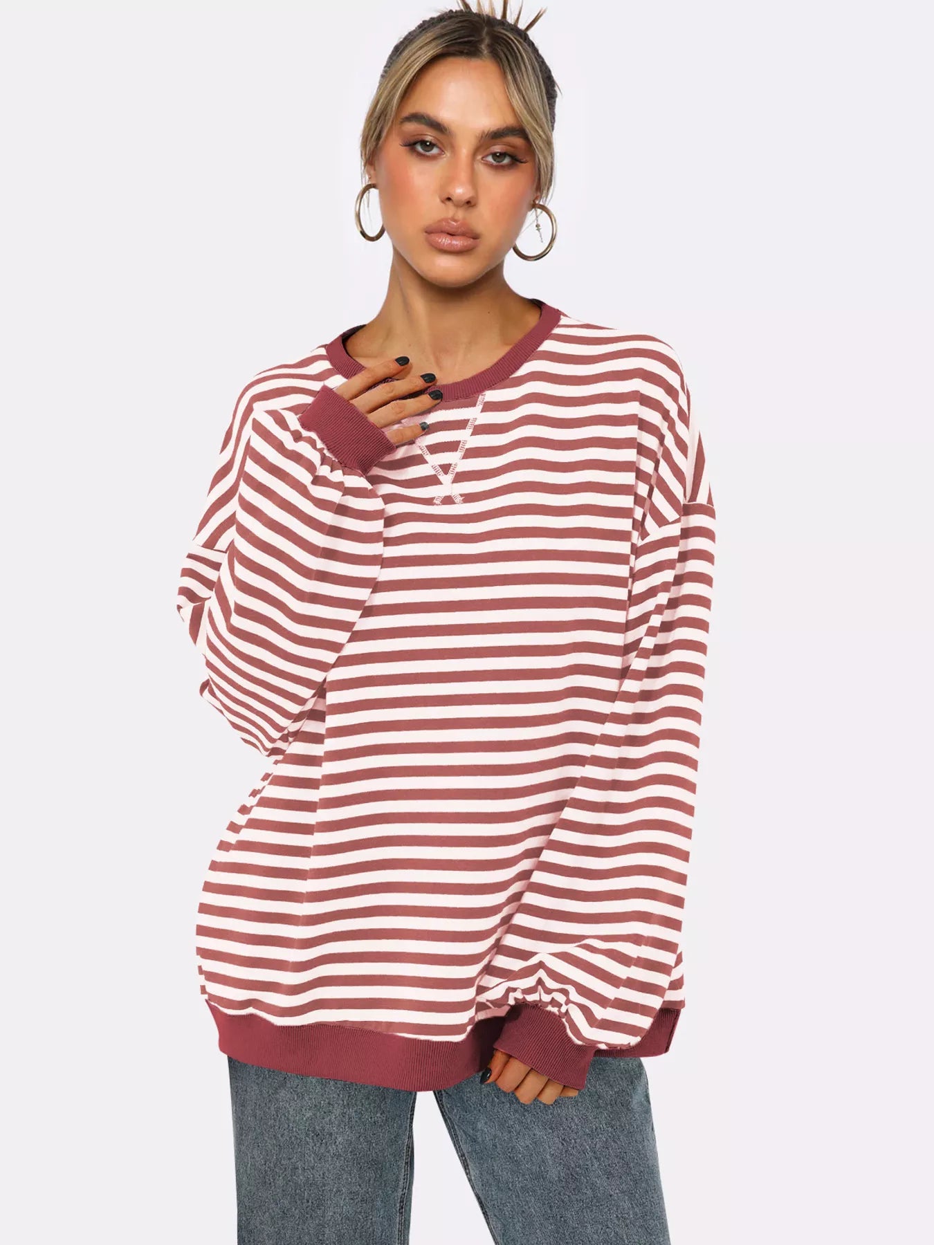 Striped Round Neck Long Sleeve Sweatshirt – Casual Everyday Style