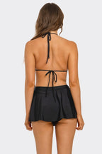 Black triangle bikini set back view, thin neck strap and tie at center