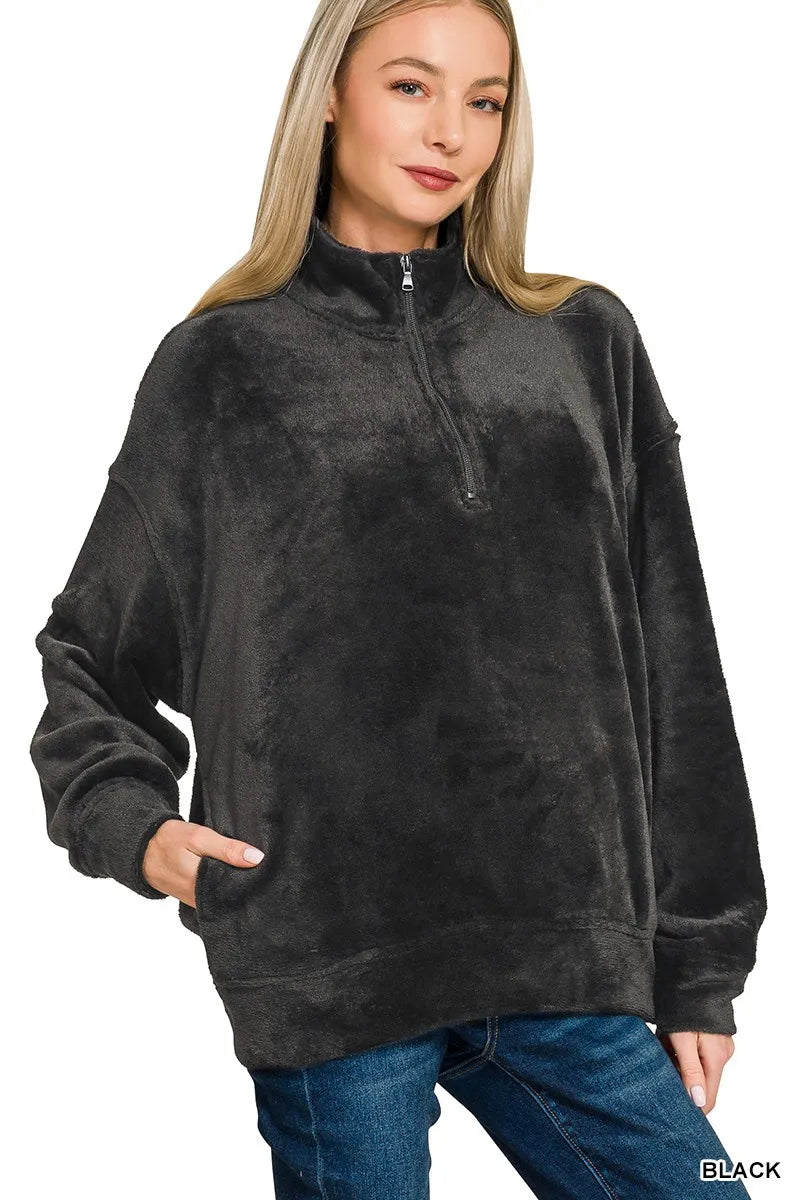 Zenana Faux Fur Half Zip Pocket Pullover