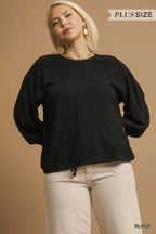 Linen Long Sleeve Top with Drawstring Detail Plus Women’s Versatile Shirt