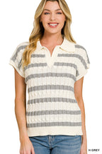 Textured knit collared sweater vest, cream with gray horizontal stripes, short sleeves