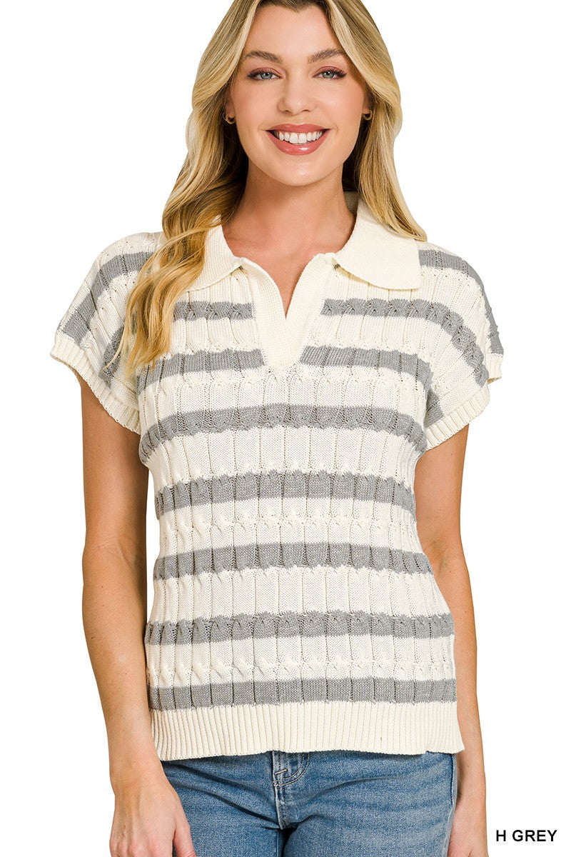 Textured knit collared sweater vest, cream with gray horizontal stripes, short sleeves