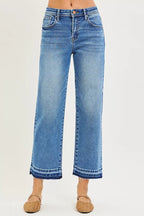 Medium blue wide-leg jeans, cuffed hem, five-pocket style, button fly