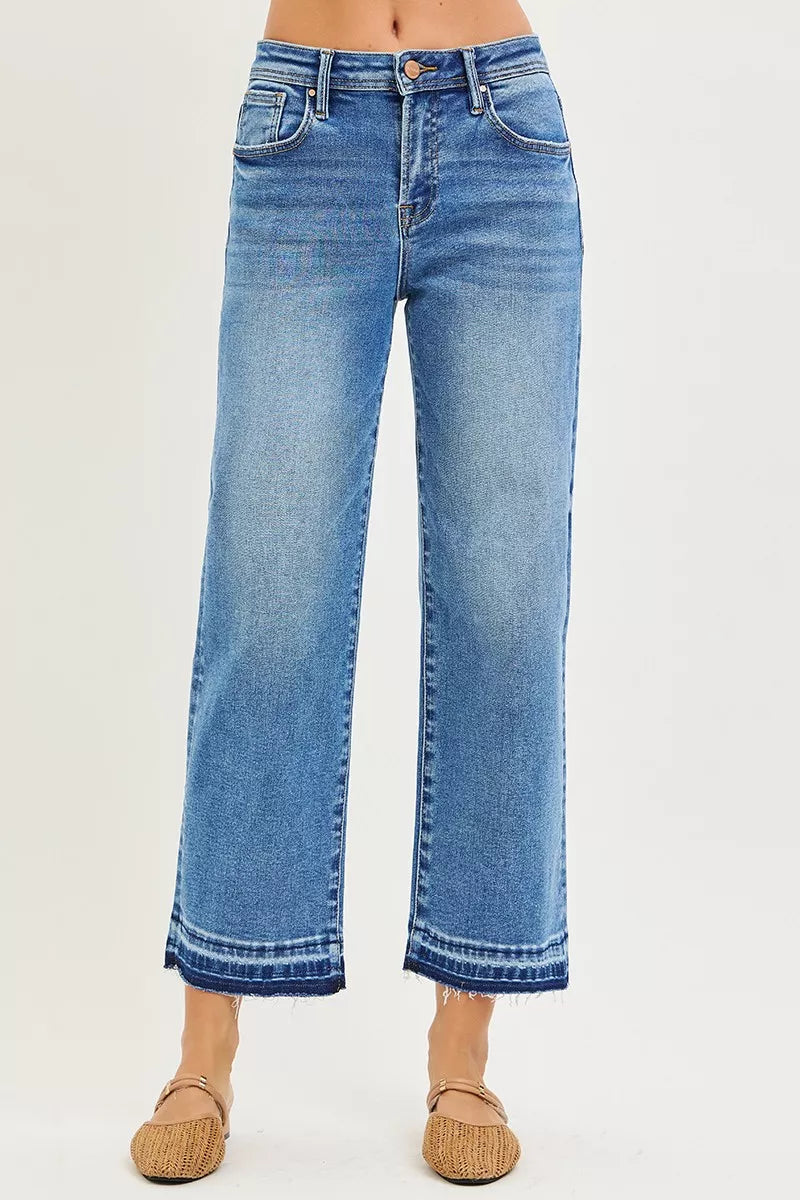 Medium blue wide-leg jeans, cuffed hem, five-pocket style, button fly