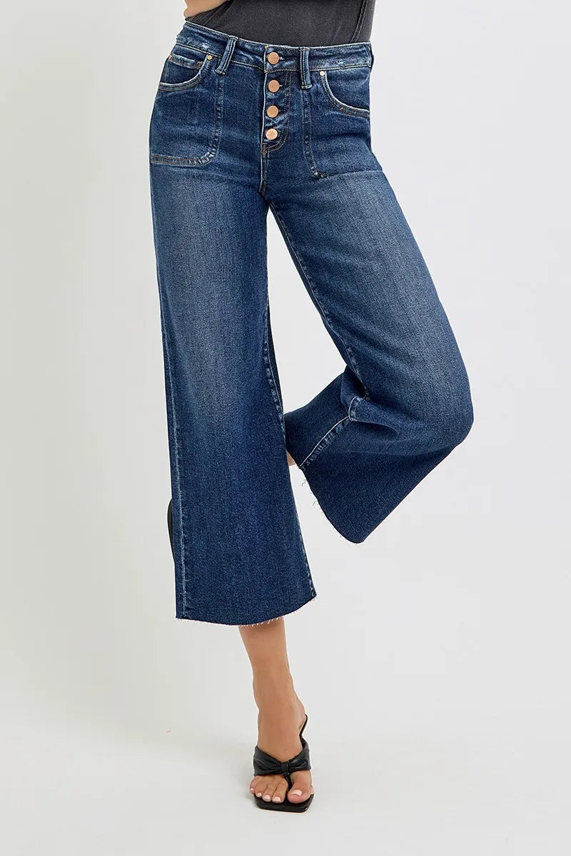 High-Waisted Wide-Leg Cropped Jeans – Button-Fly Medium Wash
