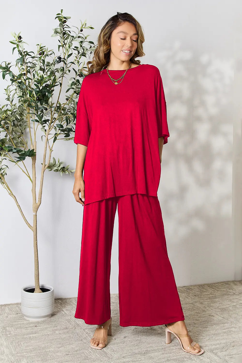 Chic Round Neck Slit Top & Pants Set – Stylish, Comfy & Versatile