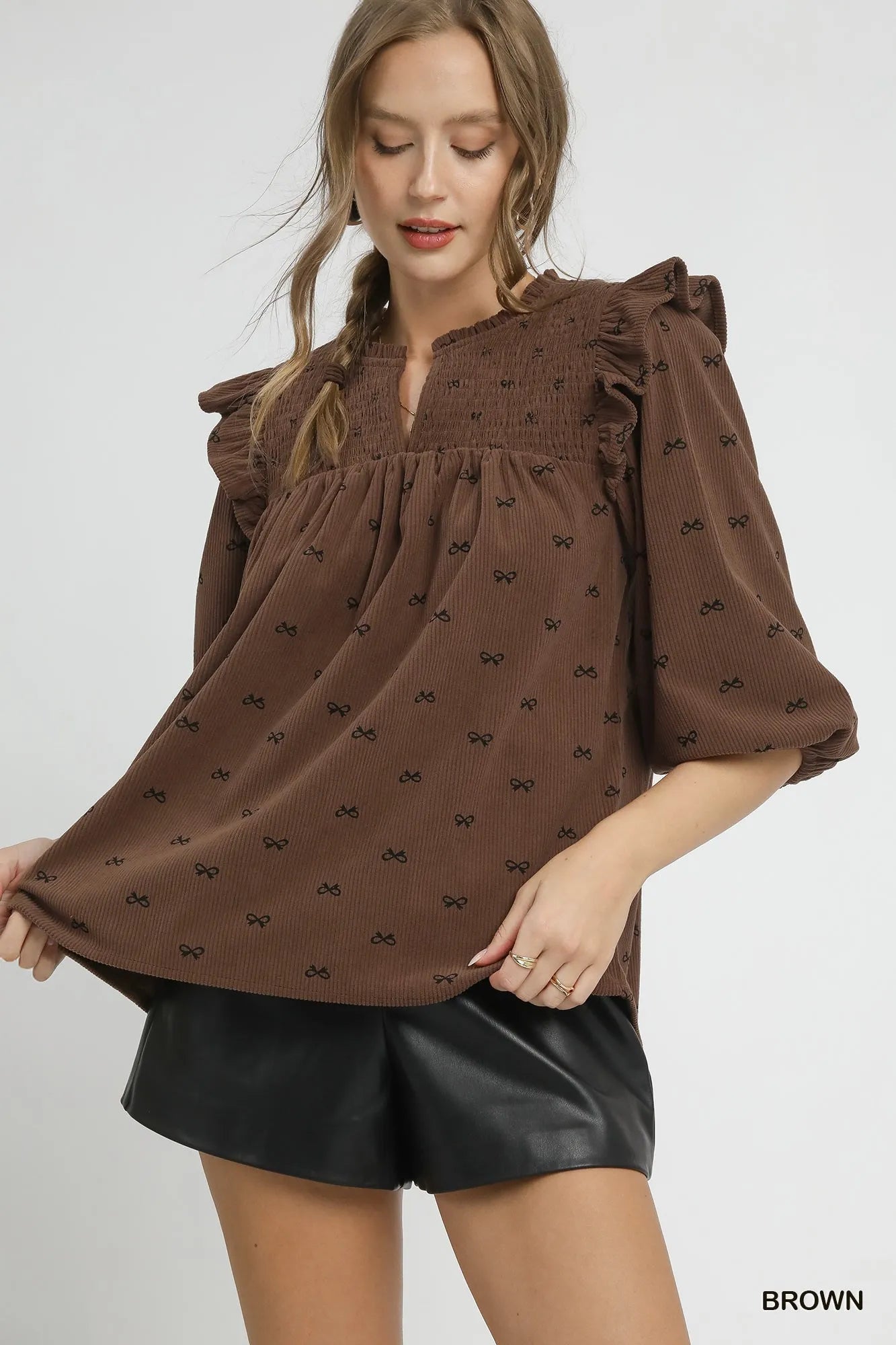 Bow Print Corduroy Puff Sleeve Blouse – Ruffled Feminine Top