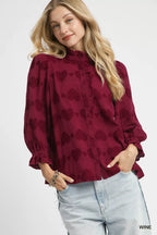 Heart Jacquard Ruffle Trim Shirt | Feminine Women’s Romantic Chic Top