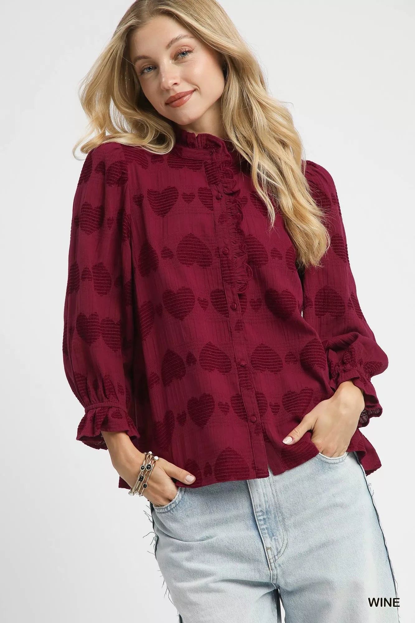 Heart Jacquard Ruffle Trim Shirt | Feminine Women’s Romantic Chic Top