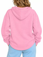 Pink cat pouch drawstring hoodie with hood, worn back view