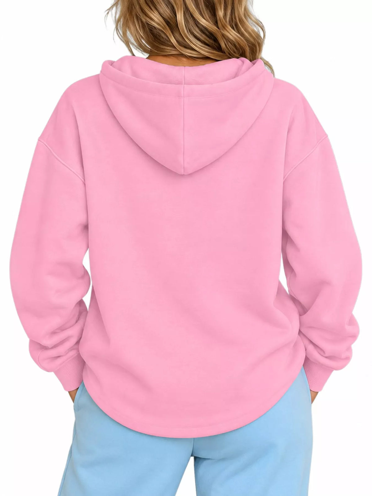 Pink cat pouch drawstring hoodie with hood, worn back view