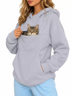 Light blue cat pouch drawstring hoodie with front cat graphic in kangaroo pocket