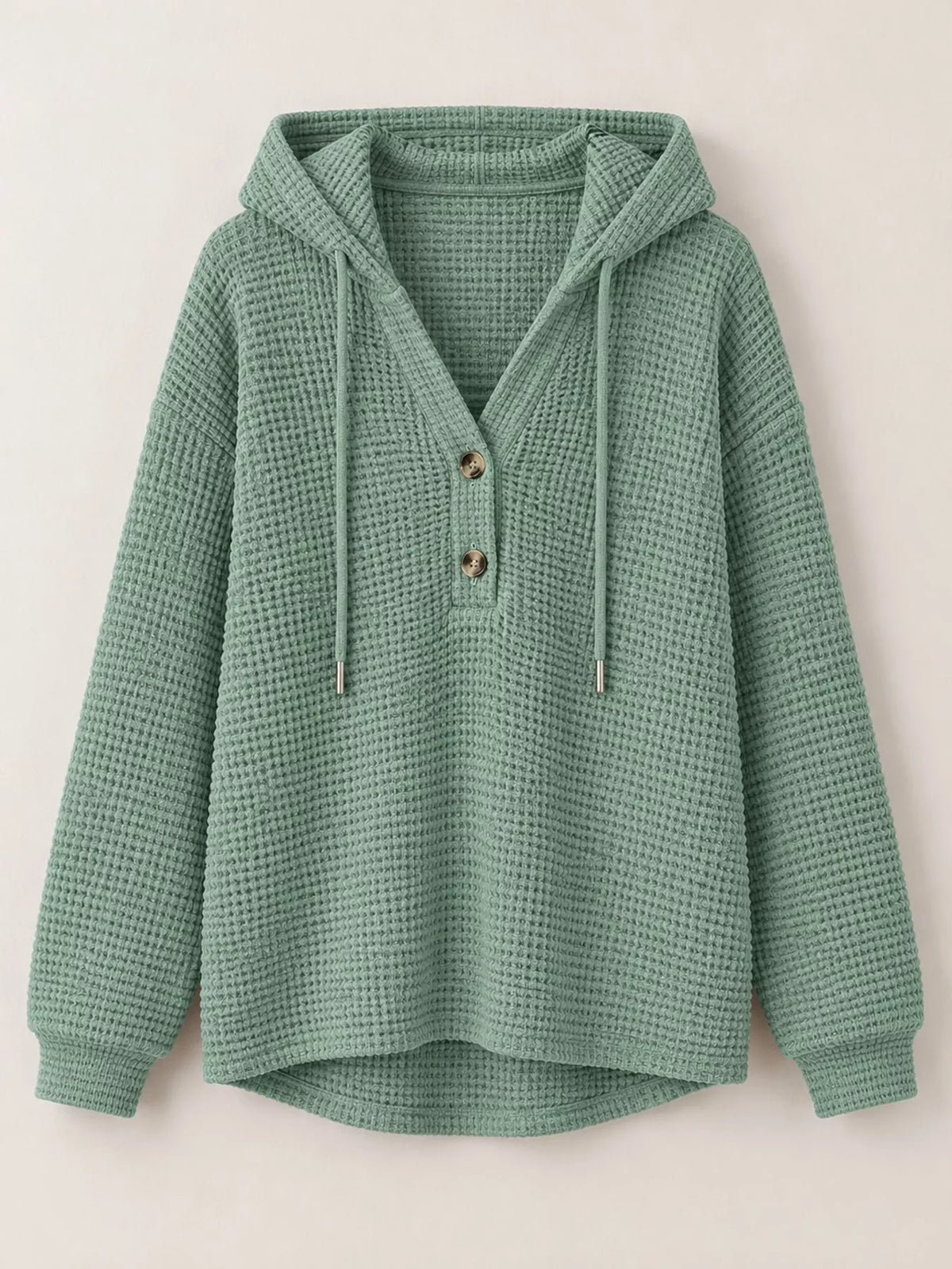Waffle-knit button hoodie in sage green, front view with hood and drawstring cords.