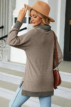 Taupe mock neck long sleeve tee with slit hem and contrast hem band