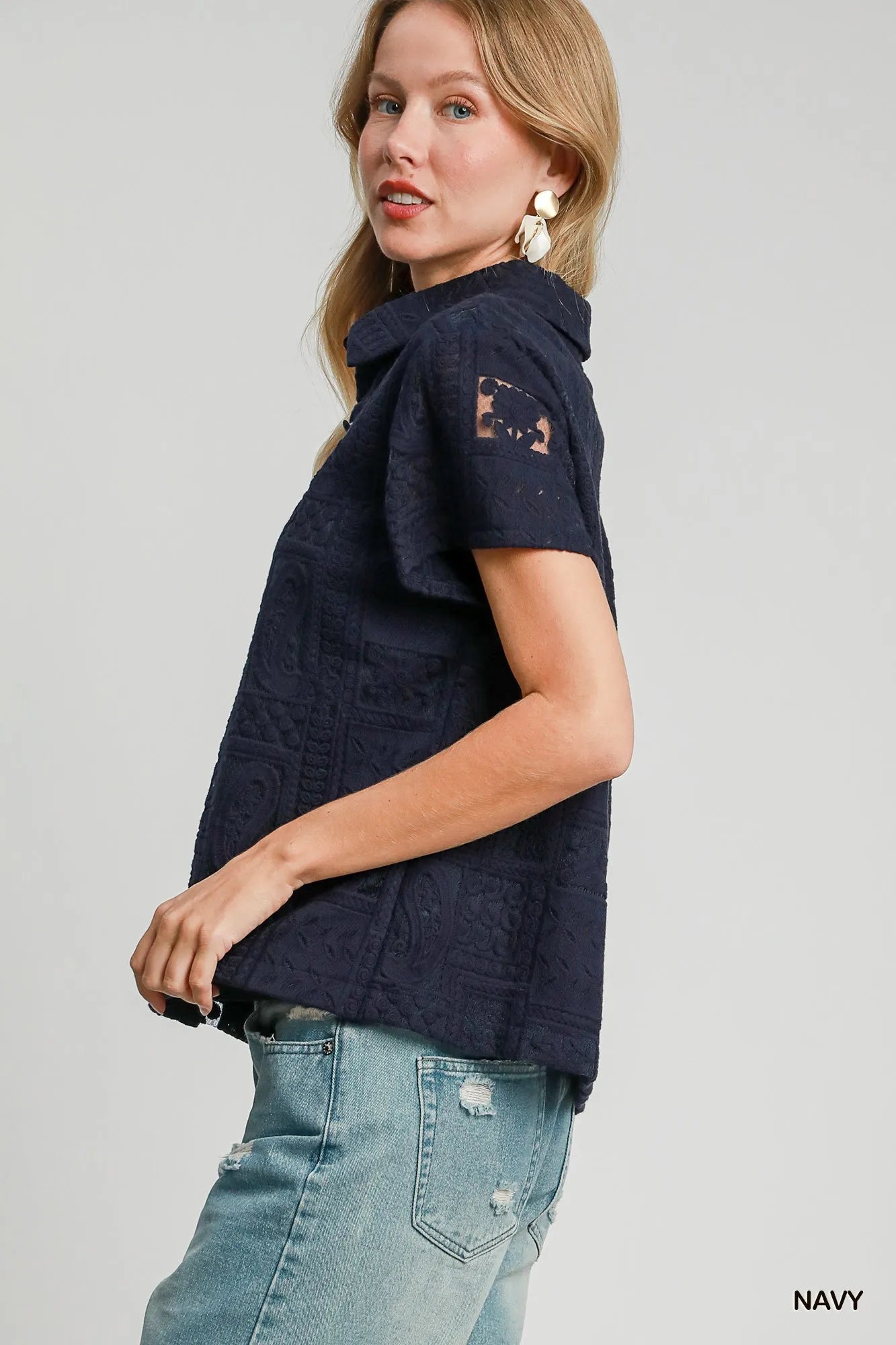 Patch Lace Short Sleeve Button Down Shirt – Chic & Feminine Top