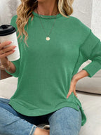 Side Slit Round Neck Dropped Shoulder Sweatshirt – Relaxed Casual Fit