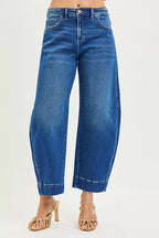 Plus size crop barrel jeans, mid rise, blue denim wash, button fly, relaxed barrel leg
