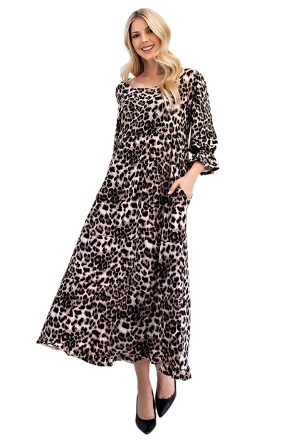Celeste Leopard Round Neck Flounce Sleeve Dress