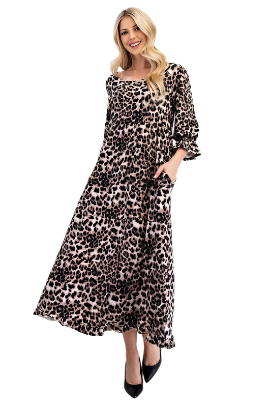 Celeste Leopard Round Neck Flounce Sleeve Dress