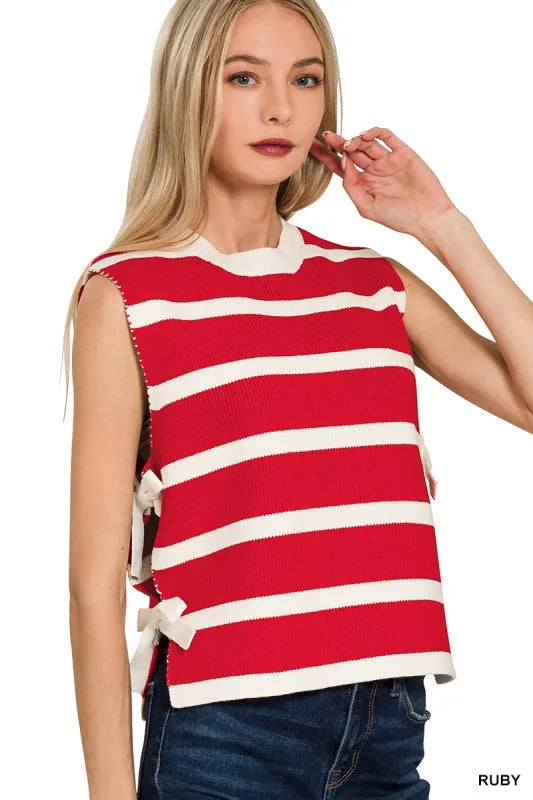 Side Tie Stripe Sweater Vest Chic Layering Piece