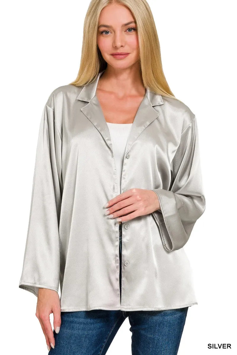 Silver Satin Oversized Blouse Luxe Button Down Elegant Lapel Collar