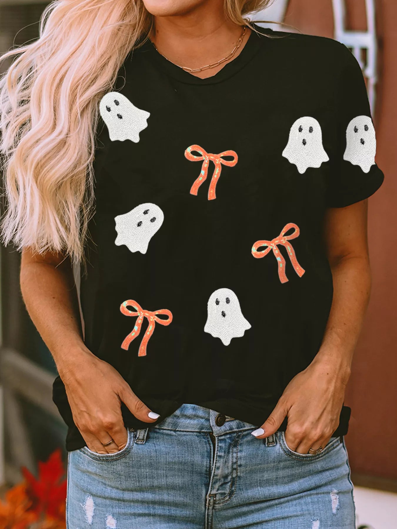 Halloween Ghost Bow Sequin Patched Sweatshirt – Festive Drop Shoulder
