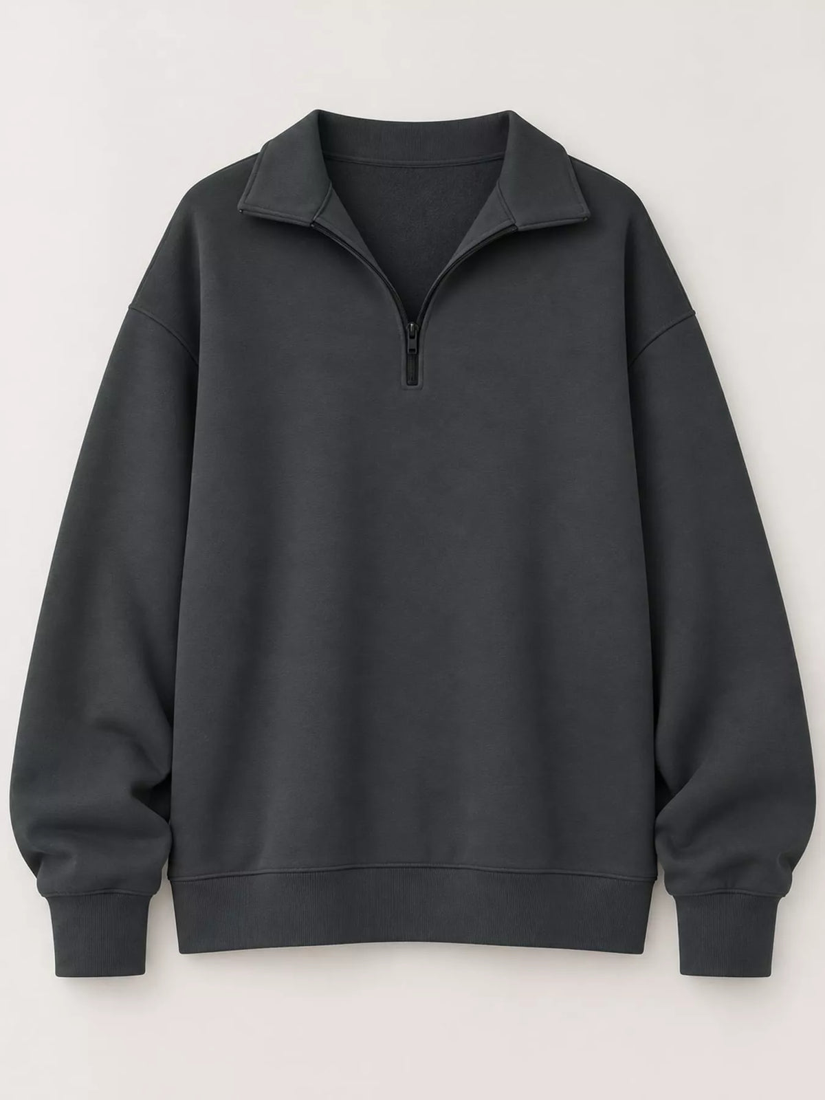 Oversized zip-neck sweatshirt in dark charcoal, half-zip front and stand collar