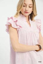 Pink textured blouse with ruffled shoulder sleeves and gathered V neckline