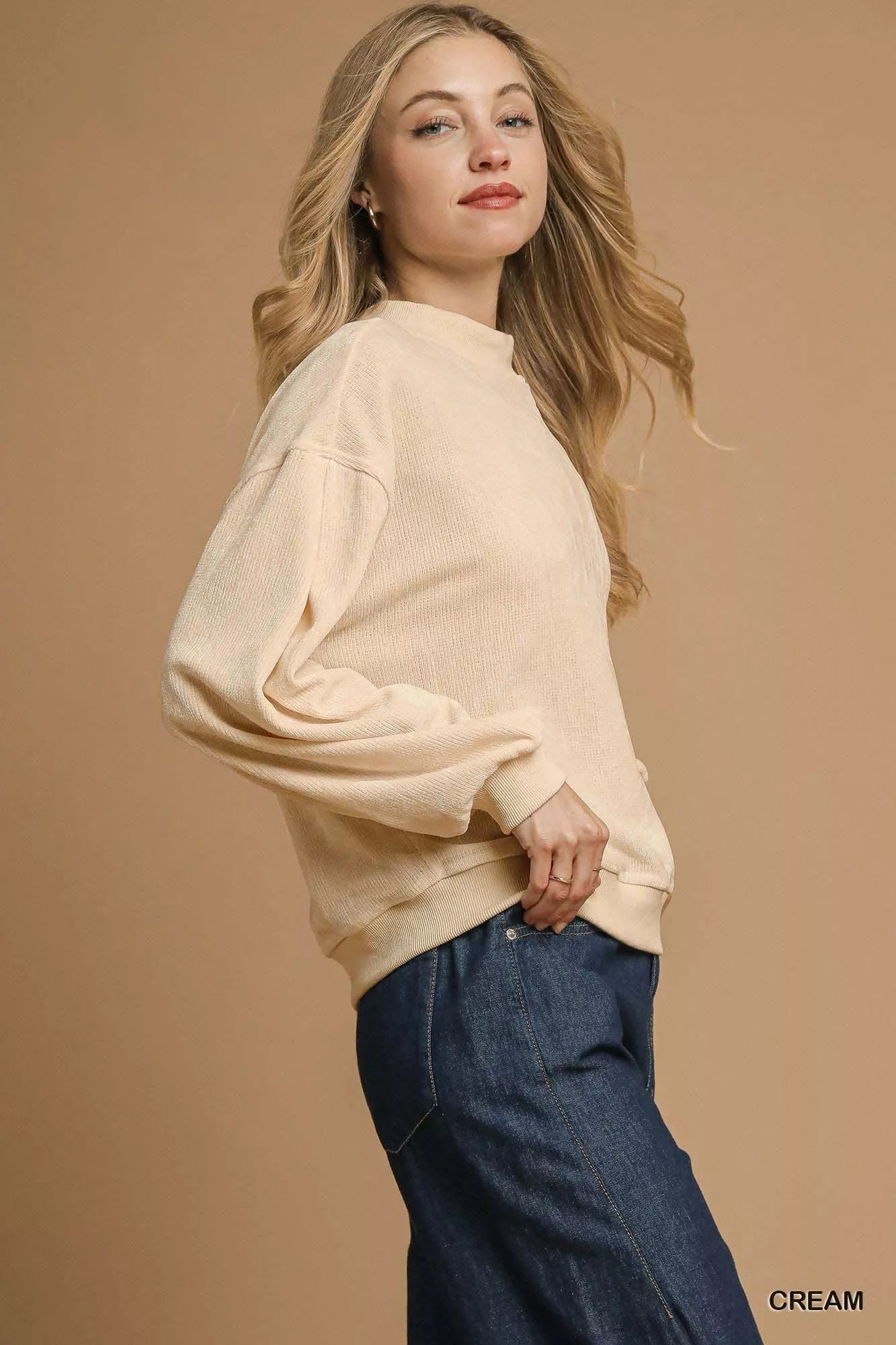Velour Crewneck Balloon Sleeve Sweatshirt