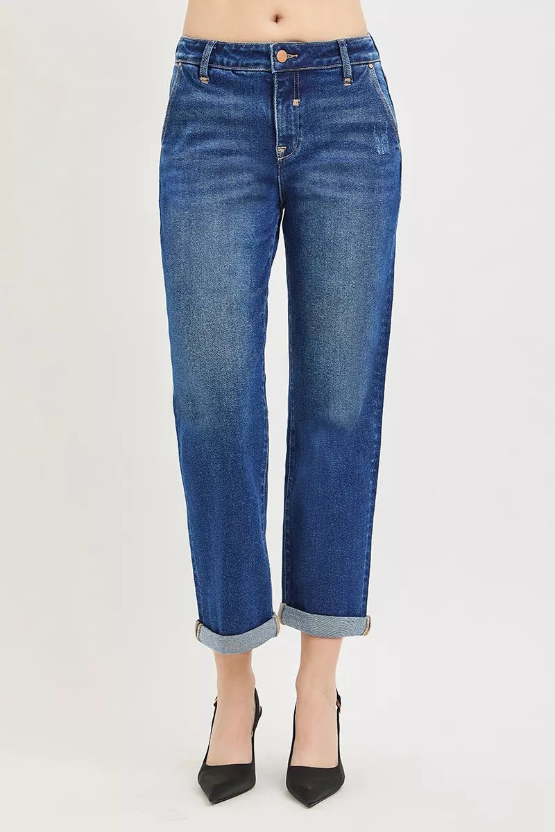 Blue cuffed cropped boyfriend jeans with button fly and straight legs