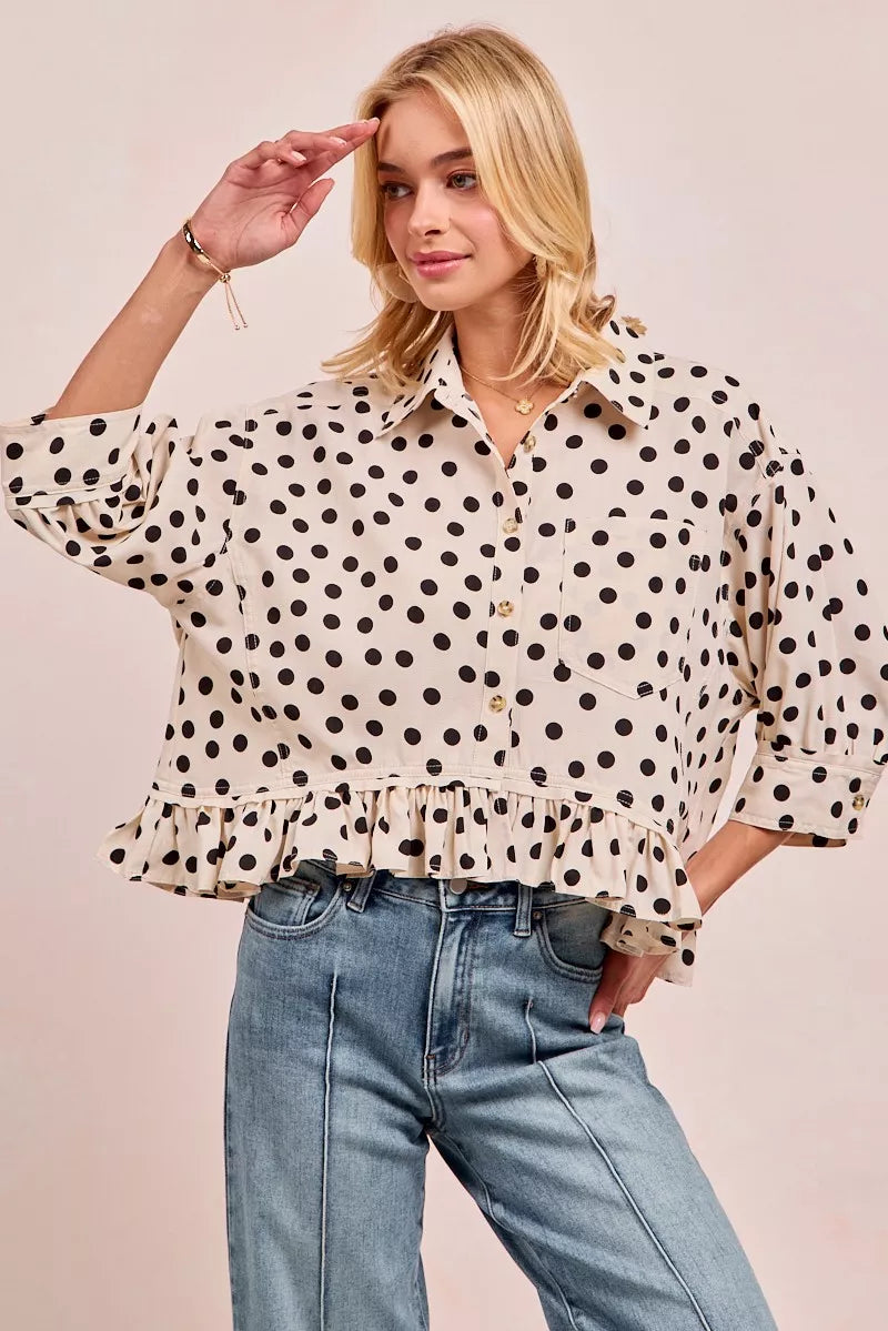 BiBi Polka Dot Peplum Top – Cute Front Button Feminine Chic Style