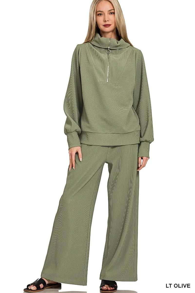Olive Green Ribbed Knit Lounge Set – Half-Zip Hoodie & Palazzo Pants