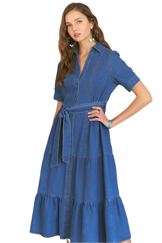 ADORA Tiered Button Down Tie Waist Short Sleeve Denim Dress