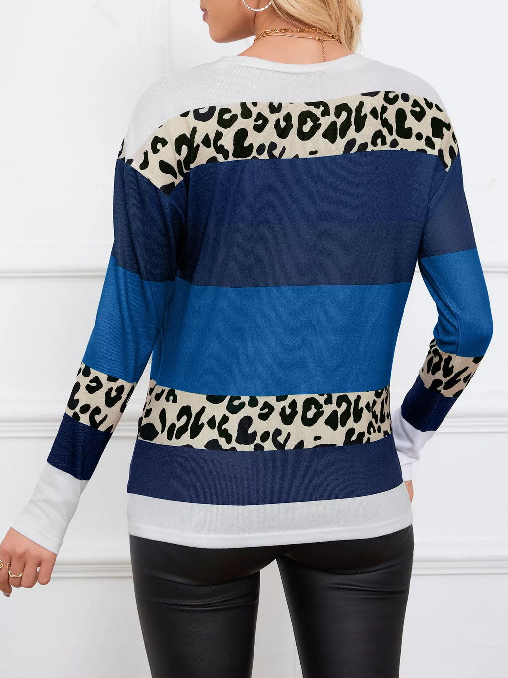 Leopard Color Block Striped Knit Top – Trendy Casual Style