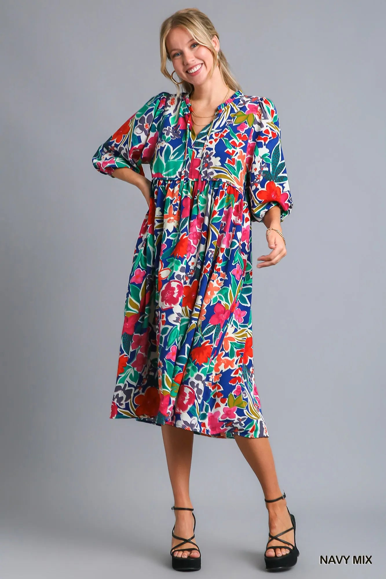 Floral Print Tie Neck Midi Dress with Pockets | Elegant Women’s Fashion