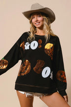 Halloween Sequin Pumpkin & Ghost Sweatshirt – Oversized Black Pullover
