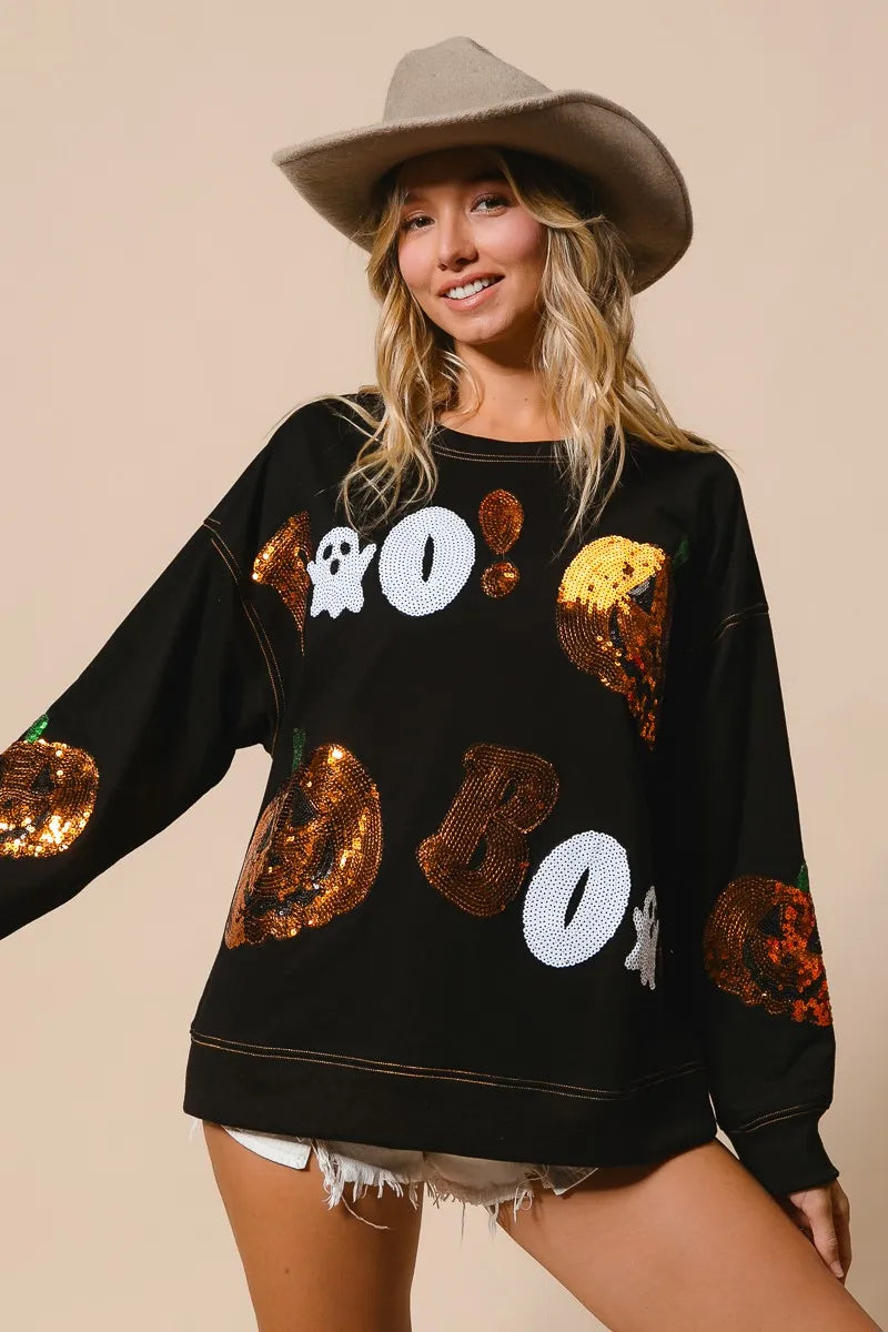 Halloween Sequin Pumpkin & Ghost Sweatshirt – Oversized Black Pullover