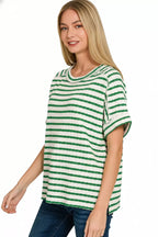 Plus size striped tee with round neck and short sleeves, green and white stripes