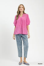 Pink lace-trim crinkle boho blouse with V neckline and short puff sleeves