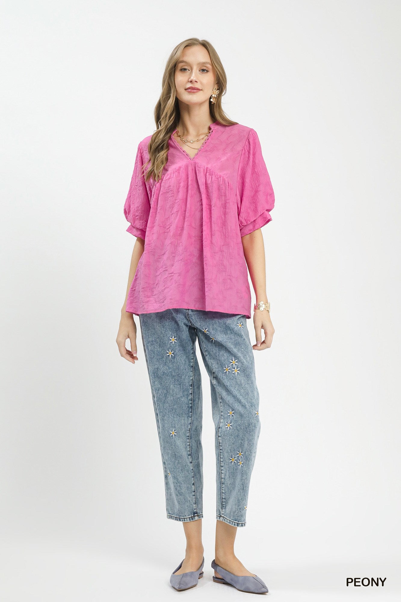 Pink lace-trim crinkle boho blouse with V neckline and short puff sleeves