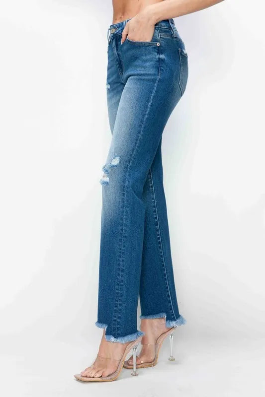 Raw Hem Mid Rise Straight Jeans – Distressed, Flattering & Timeless