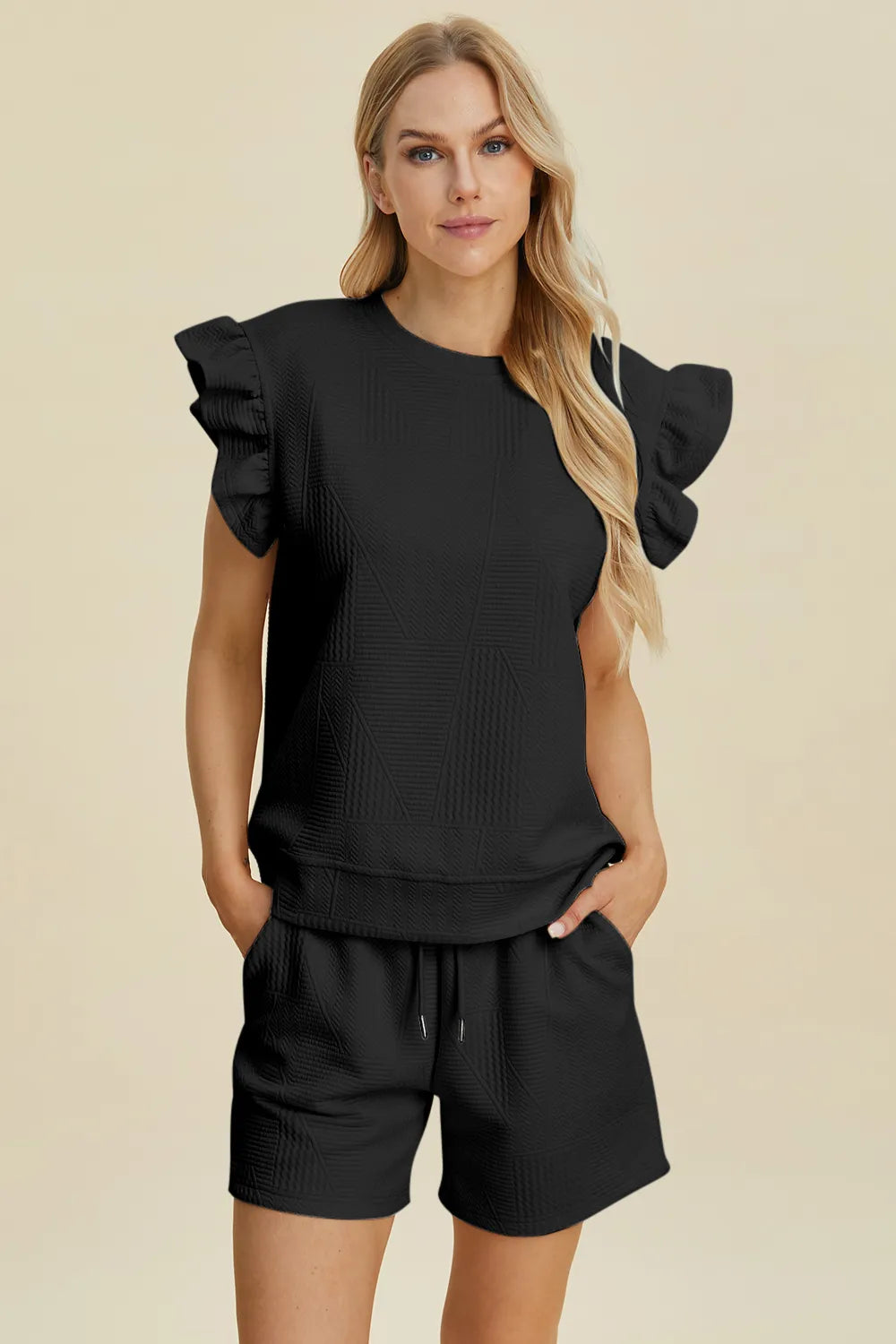 Textured Ruffle Sleeve Top & Shorts Set – Cute, Comfy & Stylish
