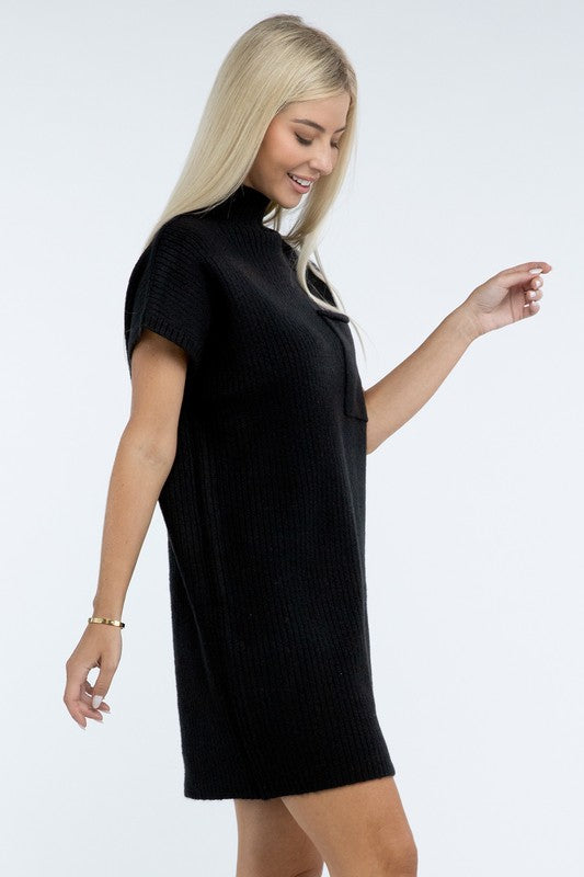 Zenana Mock Neck Short Sleeve Sweater Dress with Pocket
