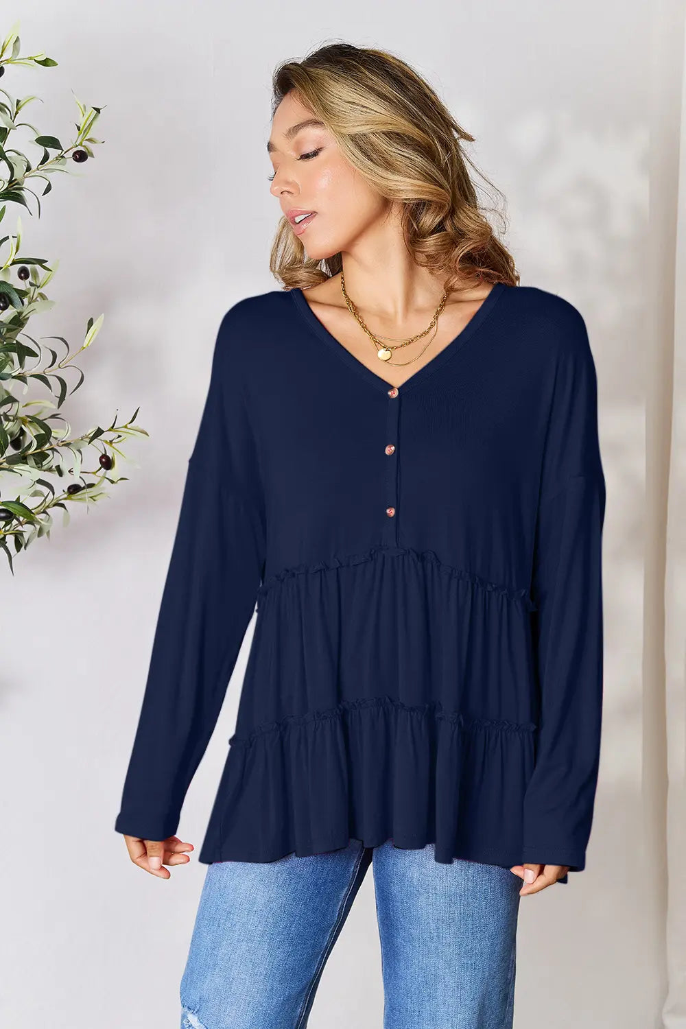 Half Button Ruffle Hem Blouse – Feminine, Flowy & Versatile