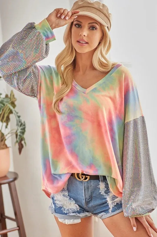 V-Neck Tie-Dye French Terry Top with Shimmer – Trendy & Cozy