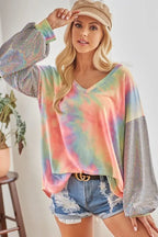 V-Neck Tie-Dye French Terry Top with Shimmer – Trendy & Cozy