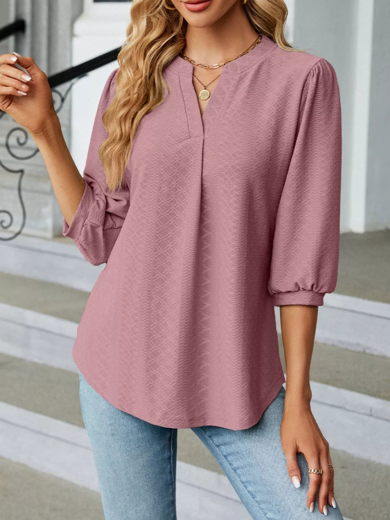 Notched 3/4 Sleeve Casual Top – Effortless Everyday Style