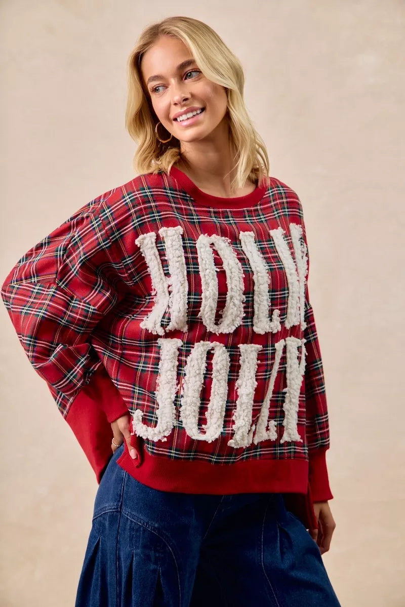 Holly Jolly Christmas Plaid Oversized Sweatshirt – Festive Holiday Top