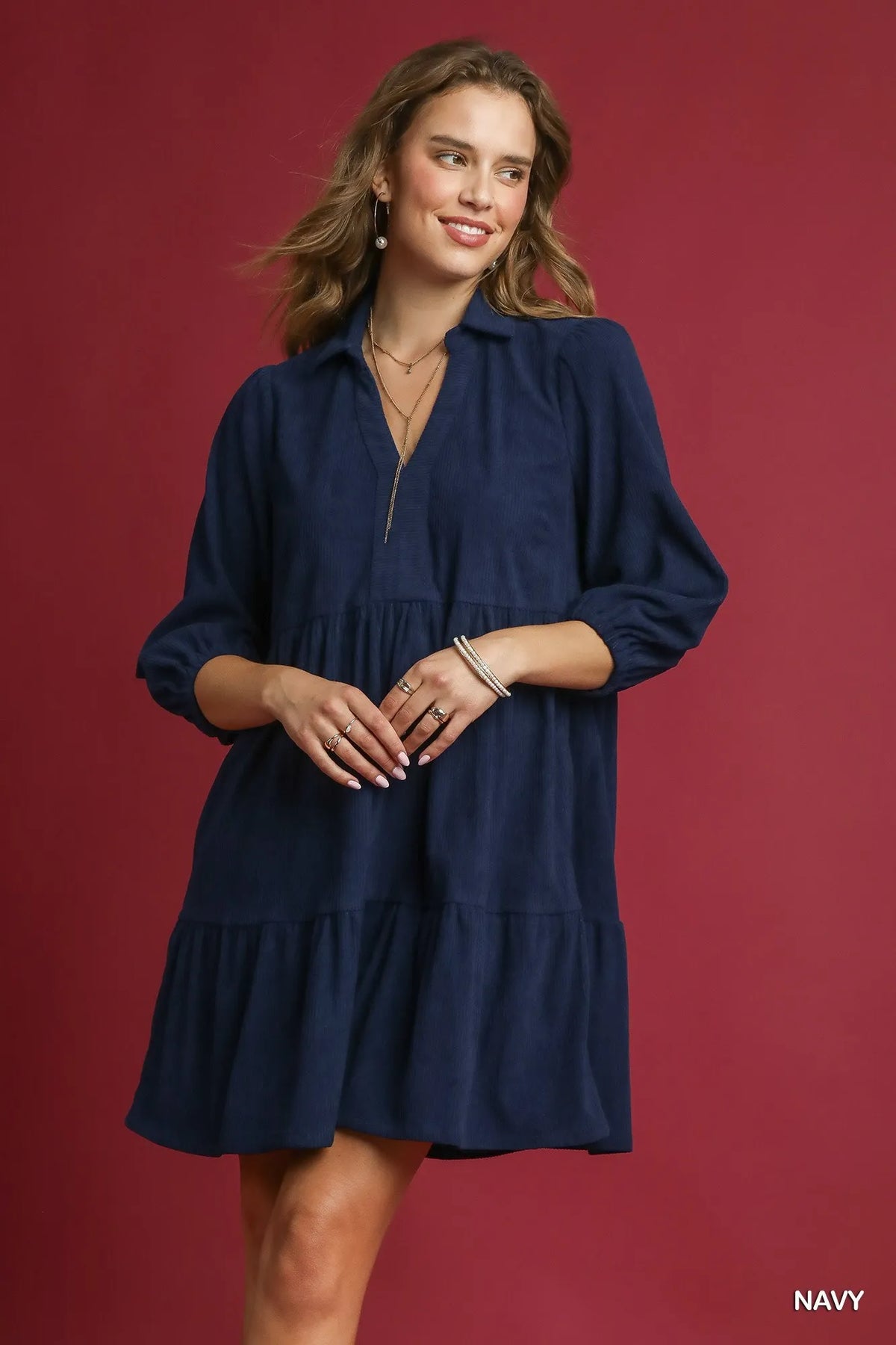 Tiered Corduroy Mini Dress – Balloon Sleeve Vintage-Inspired Style